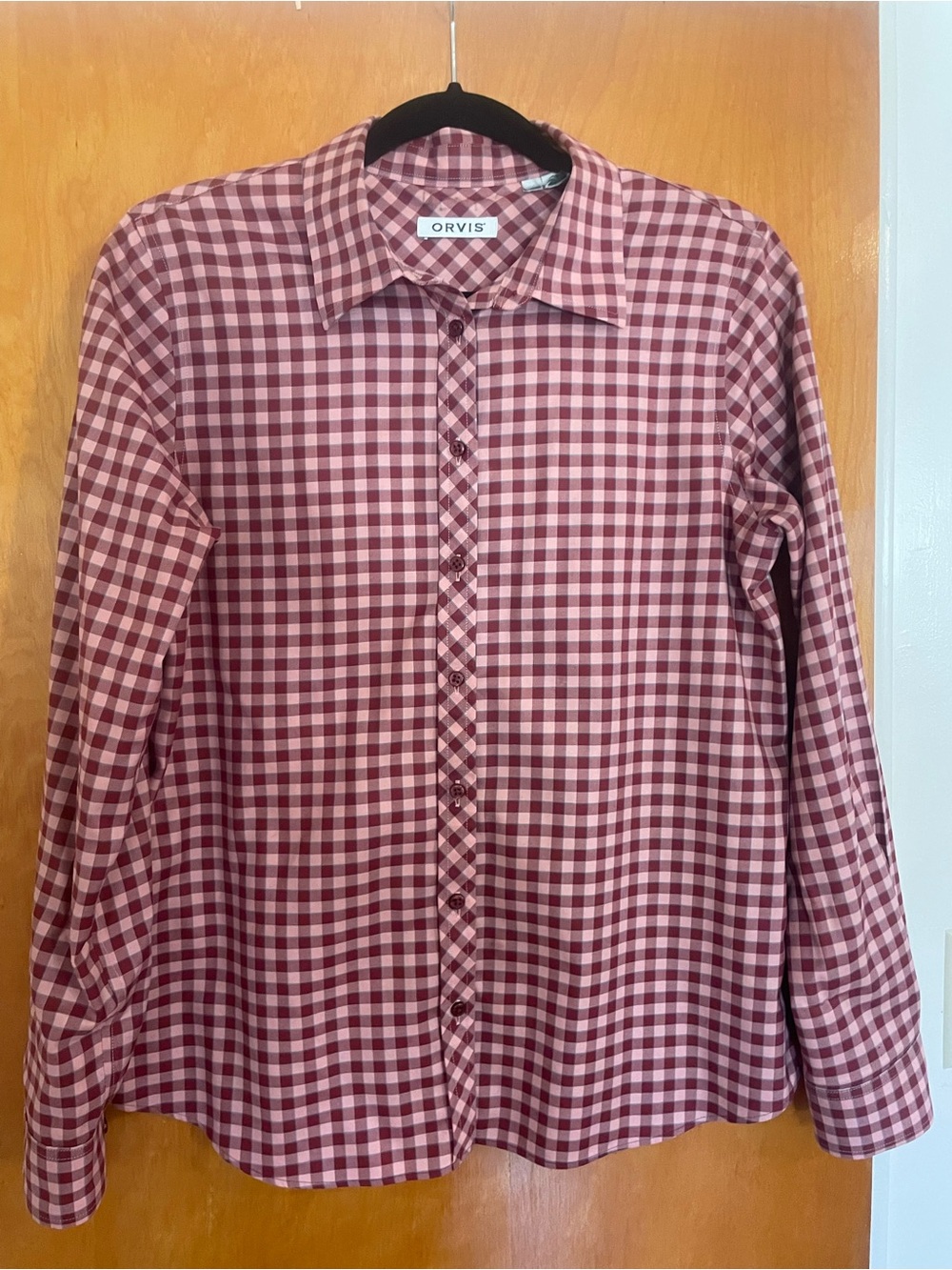 Orvis Burgundy and Cream Gingham Button-Front Blouse